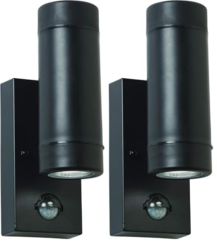 National Lighting Icarus PIR Outdoor Lights - Security Lights with Motion Sensor - GU10 LED Up Down Black Outdoor Wall Lights - IP44 Weatherproof Wall Lights (Pack of 2)
