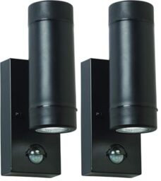 National Lighting Icarus PIR Outdoor Lights - Security Lights with Motion Sensor - GU10 LED Up Down Black Outdoor Wall Lights - IP44 Weatherproof Wall Lights (Pack of 2)