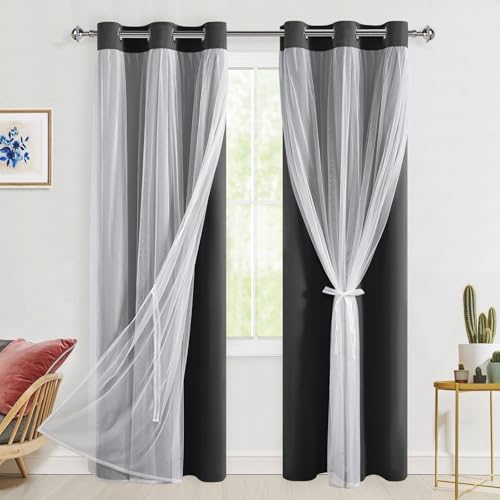Hiasan Black Blackout Curtains with Sheer Overlay, Grommet Thermal Insulated Mix & Match Double Layer Window Curtains for Bedroom, Living Room, 2 Drape Panels Sewn with Tiebacks, 42W X 84L