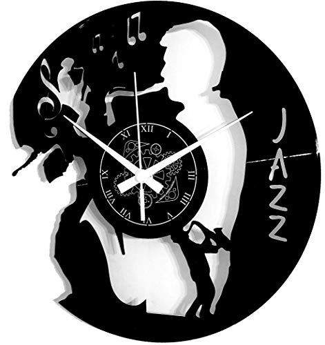 Instant Karma Clocks - Jazz Wall Clock with Saxophone and Musician Silhouette – Silent No-Ticking - Perfect for Bedroom, Office, Studio, Cabin, Living Room - Unique Decoration