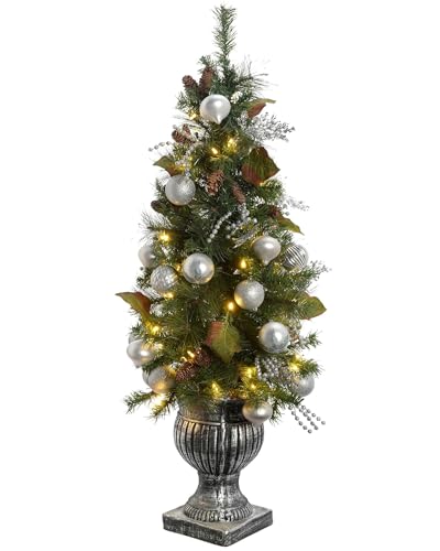 WeRChristmas Pre-Lit Potted Christmas Tree with 50 Warm White LED Fairy Lights, 4 feet/1.2 m - Silver/Blue