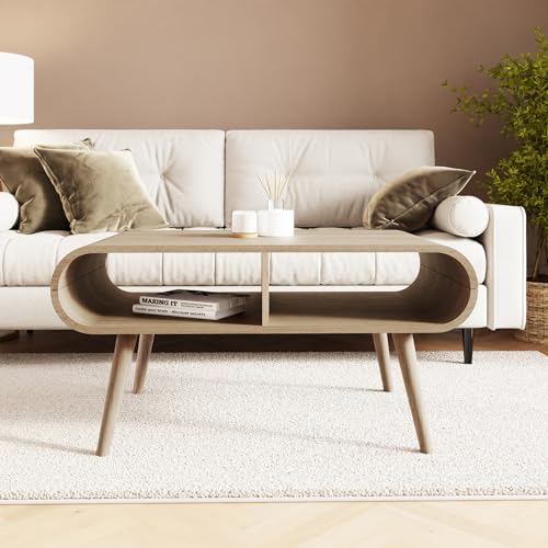 GFW Vionna Curved Coffee Table with Open Storage Compartments, Oak Effect Living Room Table with Tapered Wooden Legs