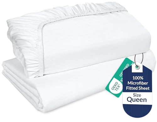 "Royale Linens 2 Pack Fitted Sheet - Elastic Sheets - Queen Fitted Sheet Only -Soft & Breathable - Brushed 1800 Microfiber- Stain Resistant- Hotel Quality Deep Pocket Stretches Up to 16"" (Queen, White)"