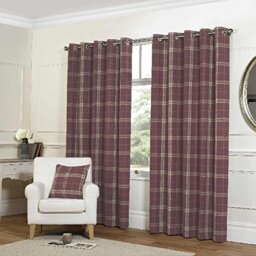 Plaid Check Luxury Woven Fully Lined Ring Top New Checked Eyelet Pair of Curtains, Polyester, Raspberry, 66 x 90-Inch