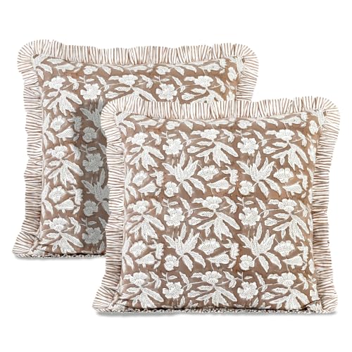 "Ridhi Block Print Oak Brown Throw Pillow Cover 24"" x 24"" (Pack of 2) Decorative Cushion Covers with Ruffle for Couch, Sofa, Bed, Living Room, Home Decor Gift for Spring, Easter, Valentine"