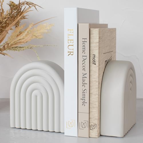 Decorative Concrete Bookends for Heavy Books ??? Stylish Set of 2, Ideal for Any Bookshelf ??? Aesthetic Book Holder/Stopper with Anti-Slip Pads for Chic Home, Office, or Library Decor
