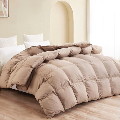 "SNOWMAN Premium Down Comforter Palatial King Size, Luxurious All Season Duvet Insert with Cotton Blended Fabric, 53oz Fill Weight 3D Baffle Box Design Hotel Bedding Comforter (Khaki,120""x98"")"