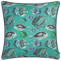 furn. Wylder Abyss Fish Feather Filled Cushion – Hand Painted Ocean Inspired Tropical Fish Chenille Decorative Pillow (Teal – 43x43cm)