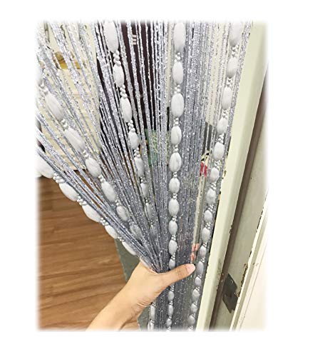 Eyotool Door String Curtain Flat Silver Ribbon Thread with Shaggy Tassel Room Divider, 39??????x79?????? (Grey-style2)