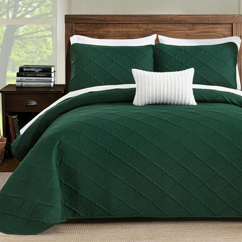 "Yiran Emerald Green Quilt Set King Size Lightweight Bedspread Ultrasonic Diamond Pattern Soft Microfiber Coverlet for All Season Modern Style 3 Piece Bed Cover Sets with 2 Pillow Shams (106""x96"")"
