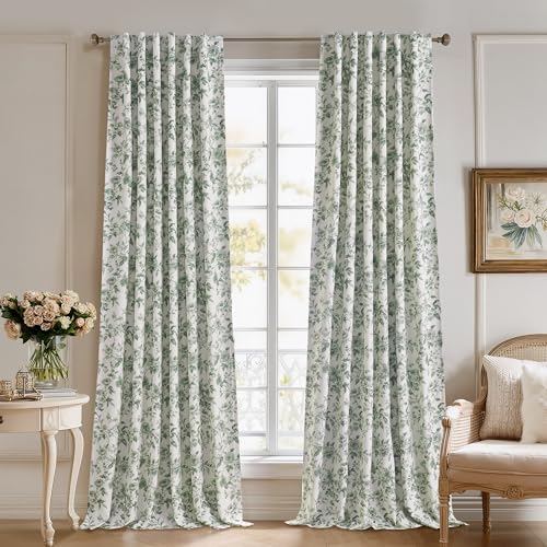 StangH 100% Blackout Curtains Floral Printed Pattern Thermal Insulated Privacy Drapes French Farmhouse Style for Living Room/Bedroom/Sliding Door???W52 x L84???Sage Green???2 Panels