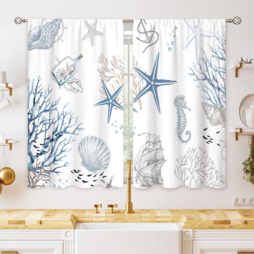 oolygoo Blue Ocean Beach Kitchen Curtains Nautical Coastal Starfish Seashell Small Window Treatment Underwater Cafe Short Window Curtains for Bathroom Dining Room Blue Sea Treatment Drape 27.5x39 inch