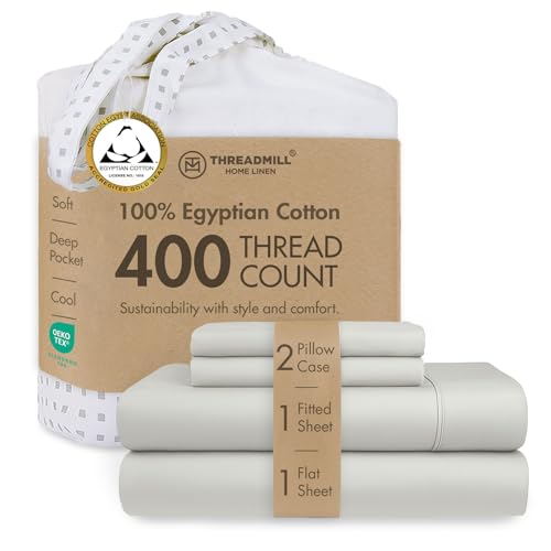 Threadmill Home Linen Certified 100% Egyptian Cotton King Size 4 Piece Solid Bed Set, 400 Thread Count Sateen Weave, Comfortable Light Grey Sheets with Elasticized Deep Pocket