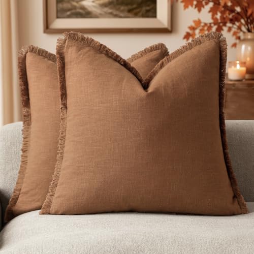 Foindtower Set of 2 Decorative Linen Fringe Throw Pillow Covers Cozy Boho Farmhouse Cushion Cover with Tassels Soft Accent Pillowcase for Couch Sofa Bed Living Room Home Decor, 26??26 Inch,Orange Brown