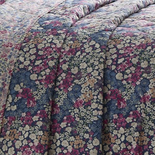 Dreams & Drapes Design Bessie Quilted Bedspread, Navy, 52% Recycled Polyester 48% Cotton, 200 x 230 cm, Floral Pattern, Reversible