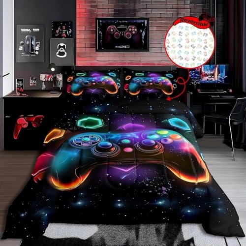 Erosebridal Game Consoles Gaming Bedding Set Queen Gamer Gifts,Gaming Comforter Sets for Boys Space Glow Geometric Kids Comforter Sets Boys Red Green Blue Teal,Game Room Decor Kids Bedroom Decor