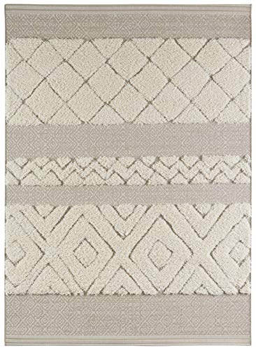 Mint Rugs Todra Rug - Living Room Rug Flat Woven with High Pile Details in Ethnic Design, Cuddly Vintage Runner for Living Room, Bedroom, Dining Room, Hallway, Beige Cream, 120 x 170 cm
