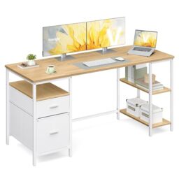 Primus Artisan Bureau met laden, 2 stuks, eikenlook, antraciet, bureautafel, computertafel voor thuiskantoor met opbergruimte en open opbergvakken, 145 x 74 x 65 cm (b x h x d