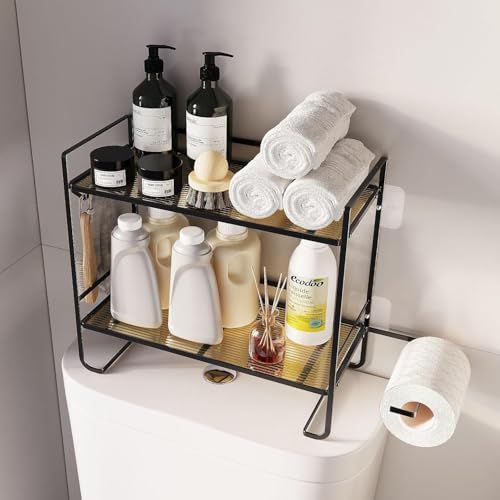 GarveeHome Space Saving Over Toilet Shelf - 2-Tier Metal Bathroom Shelf with Toilet Paper Holder & 2 Hooks - Mountable No Drilling - Practical Storage Rack for Bathroom and Toilet