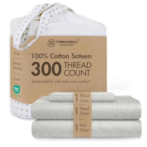 Threadmill Home Linen Twin-XL Sheet-Set, Single Bed Sheets - Pure Long Staple Cotton, Astra Jacquard Damask Weave, 3 Piece 300 Thread Count Bedding Set, Light Grey with Elasticized Deep Pocket