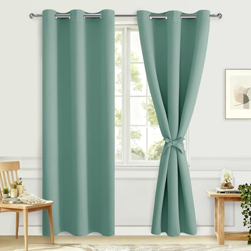 Hiasan Grommet Blackout Curtains for Bedroom, 42 x 84 Inches Long - Thermal Insulated & Light Blocking Window Curtains for Living Room, 2 Drape Panels Sewn with Tiebacks, Sage Green