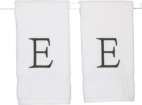 White with Black Monogrammed Hand Towels for Bathroom - Set of 2 Letter E - Luxury Hotel Quality Initial Towels For Powder Room, Spa, GOTS Organic Certified