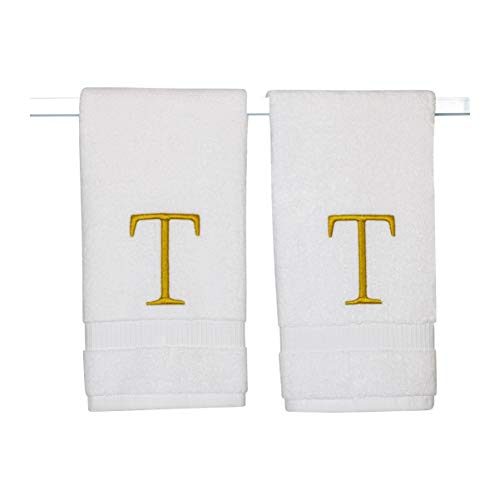 White with Gold Monogrammed Hand Towels for Bathroom - Set of 2 Letter T - Luxury Hotel Quality Initial Towels For Powder Room, Spa, GOTS Organic Certified