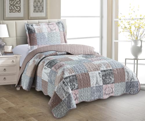 "Brilliant Sunshine Latte Grey Paris & Toile Floral Quilt, Twin Size - Soft Reversible Bedspread, Lightweight Coverlet with Sham, Washable Bedding Set, All Seasons, 68""x90""+1 20""x26"""