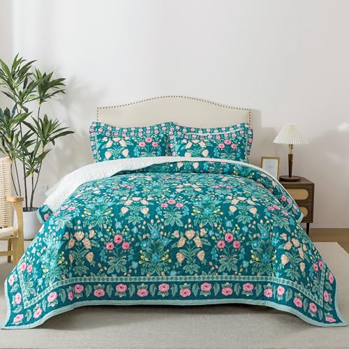 HoneiLife Floral Quilt Queen Size - Wildflower Quilt Sets 3-Piece, Microfiber Bedspreads Spring Coverlets Lightweight Bed Cover, Queen Quilt Bedding Sets Botanical Quilts All Season Use