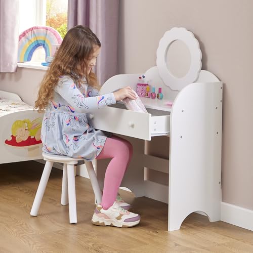 Liberty House Toys Kids White dressing table and stool, H94 x W58 x D33cm