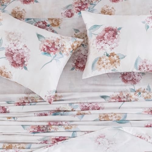 "DAUAOTO King Size Printed Sheets Set, 100% Cotton Bedding Sets, Up to 14"" Deep Mattress, Floral Pattern Bedlinen Set, Hydrangea Blush"