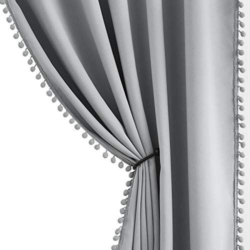 "Grey Pompom Curtains for Bedroom Living Room 95 inch Triple Weave Half Blackout Window Curtains for Hotel Men's Guest Room Drapes 52"" w x2 Panels Rod Pocket"