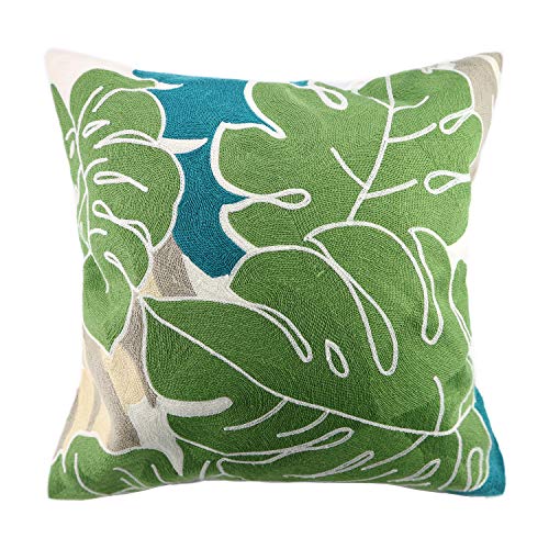 Hodeco Embroidery Throw Pillow Cover Tropical Leaves 18x18 Inches Decorative Floor Pillow Cover for Couch 100% Cotton Cushion Cover Pillow Case Full Size Monstera Leaf Embroidered, Green, 1 Piece