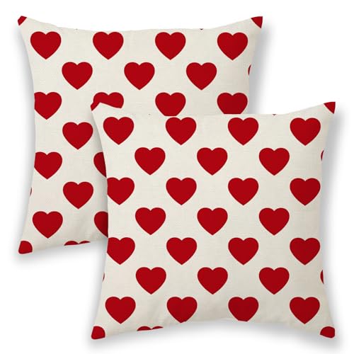 BETGINY Valentines Pillow Covers 18x18, White Red Love Heart Outdoor Decorative Throw Pillows for Couch, Anniversary Decor Cushion Cover 2 Pcs Farmhouse Linen Pillowcase for Bed Car Safa