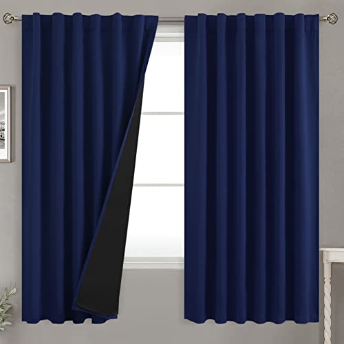 BGment Navy Blue 100% Blackout Curtains 63 Inches Long with Reducing Noise Liner, Rod Pocket and Back Tab Double Layer Full Room Darkening Window Curtain for Bedroom, 2 Panels, Each 52 x 63 Inch