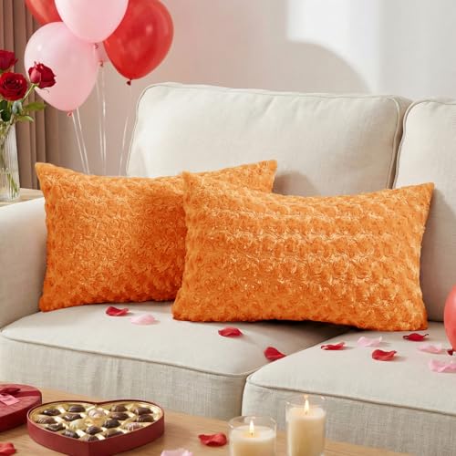 FUTEI Orange Decorative Throw Pillow Covers 12x20 Inch Set of 2,Soft Solid Rose Textured Lumbar Pillow Case,Modern Home Decor for Couch Living Room