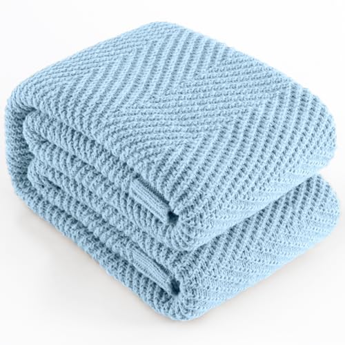 LONG CREATE Knitted Throw Blanket for Couch, 60X80 Chevron Bed Knit Throws - Light Blue Lightweight Living Room Decor, Super Soft Boho Bedding Blankets, Cozy Herringbone Textured, Chair Sofa Cover