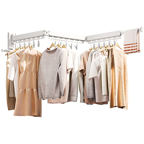 ZdwCyl Wall Mounted Clothes Hanger,Clothes Drying Rack,Laundry Rack Wall Mount,Drying Rack Clothing,Clothes Rack Retractable,Collapsible(Tri-Fold), with Windproof Holes & Clips,White Color