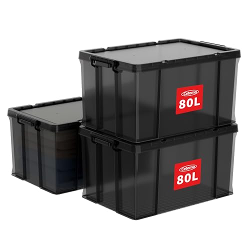 Cetomo 80L*3 Heavy-Duty Storage Boxes, Plastic Stackable Storage Box with Lids, Storage Bins with Reinforced Corners, Vertical Sides and Clip Closure, Durable, Sturdy, Transparent Black, 80L-3Pack