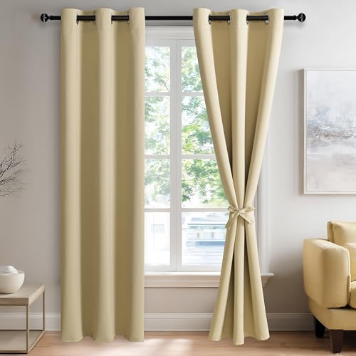 JIUZHEN Light Beige Blackout Curtains for Bedroom - Light Blocking and Noise Reducing Eyelet Curtains for Living Room Blackout Curtains Set of 2 Window Curtain 38 x 84 Inch Length