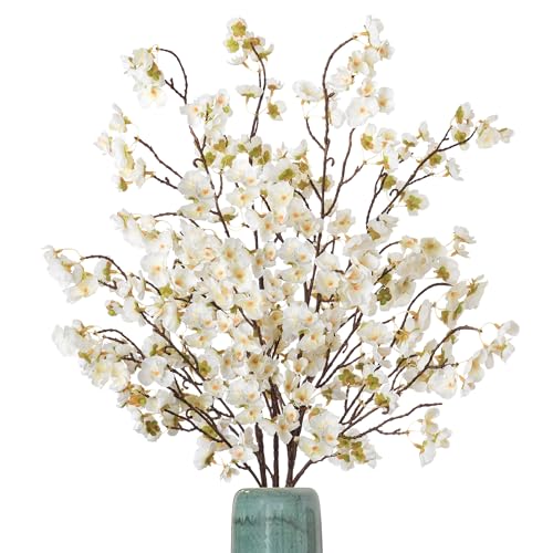 Ammyoo 4 Pcs Artificial Cherry Blossom Flowers Bulk Silk Faux Flowers Real Touch Bouquet for Christmas Halloween Home Wedding Decoration(White)