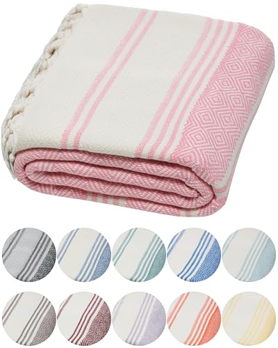 DEMMEX Organic Turkish Cotton Beach Bath Hammam Towel – Quick-Dry, Lightweight, Sand-Free Beach Towel & Blanket – Luxury Bathroom & Hammam Towel Peshtemal, OEKO-TEX Certified, 180x90cm, Pink