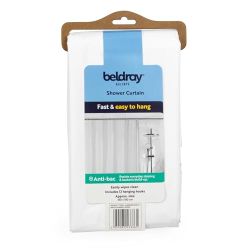Beldray Anti-Bac Shower Curtain - Treated With Zinc Pyrithione, Waterproof PEVA Prevents Against Odours & Harmful Bacteria, Includes 12 Hanging Hooks, Wipe Clean, Easy Hang, Approx. Size 180 x 180cm