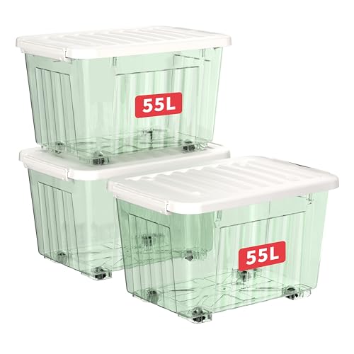Cetomo 55L*3 Plastic Storage Boxes with Wheels, Lidded Storage Box with Secure Side Latches, PP Nestable and Stackable Clear Organizer for Home, Office, Moving, Transparent Green, 55L-3 Pack