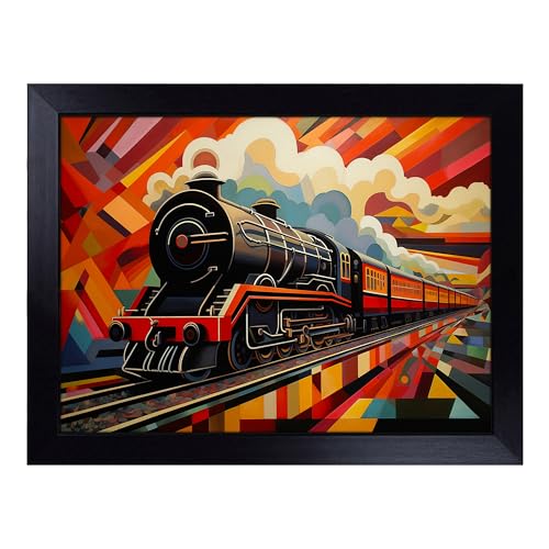 Lap Tray with Bean Bag Cushion, Steam Train Constructivism - Handmade in the UK, Raised Wooden Edge, Padded Cushion, Heat-Resistant Wipe-Clean Surface, for Meals, Laptops and Crafts