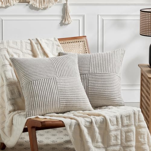 Fancy Homi 2 Packs Neutral Grey Decorative Throw Pillow Covers 18x18 Inch for Living Room Couch Sofa, Rustic Farmhouse Boho Home Decor, Soft Corss Corduroy Patchwork Textured Square Cushion Case 45cm