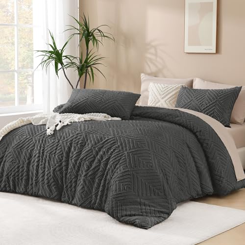 Andency Dark Grey Comforter Set Queen, Gray Lightweight Fluffy Bedding Comforter Sets for Queen Bed, 3 Pieces Tufted Farmhouse Shabby Chic Bed Set for All Seasons (1 Comforter 90x90In, 2 Pillowcases)
