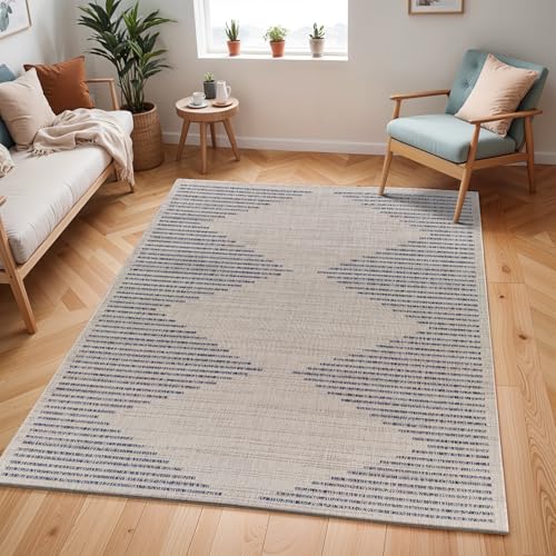Livabliss Ligaia Kercem Indoor Outdoor Floor Covering 120x170 cm – Boho Pattern for Living Room, Dining & Kitchen, Waterproof & Stain-Resistant, Cream & Dark Blue