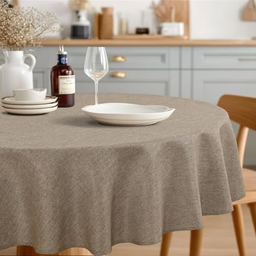 JIUZHEN Round Table Cloth Faux Linen Farmhouse Tablecloth Wrinkle and Stain Resistant Decorative Fabric Table Cover for Kitchen, Dining Room, Parties and Camping, Khaki, 120 Inch Round