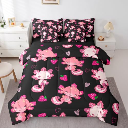 Feelyou Kids Cute Axolotl Bed in A Bag Full Size, Strawberry 7 Pieces Bedding Set Boys Girls Kawaii Ocean Sealife Comforter Set with Sheets Cartoon Fruit Teens Bed Set Bedroom Decor 7Pcs